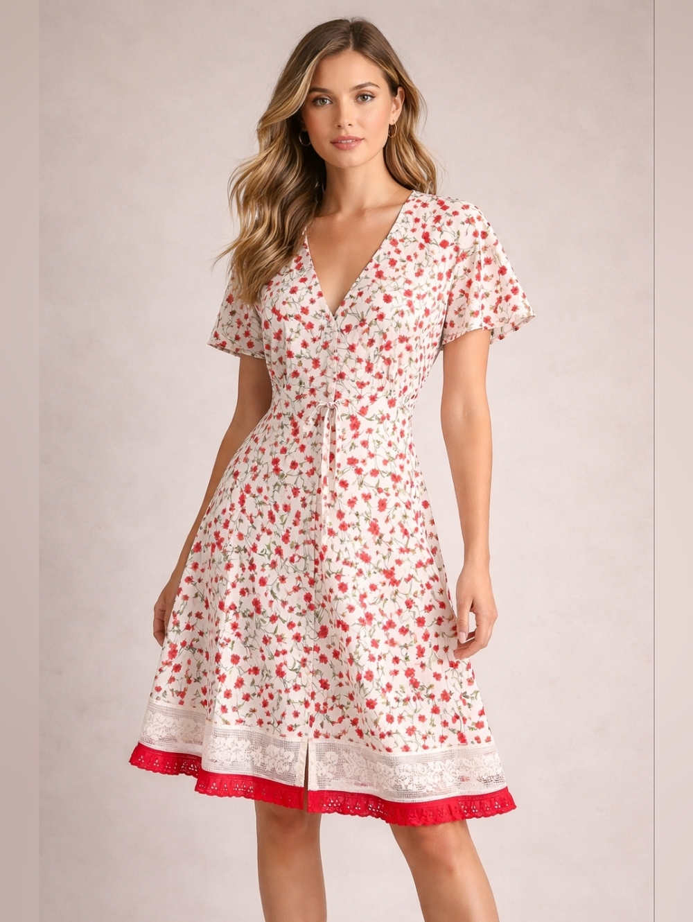 Ivory Red Floral Dress with Lace Hem | Vintage Style Summer Dress